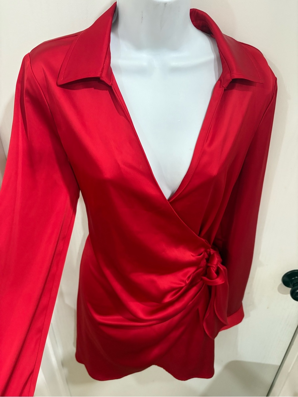 Red Satin evening Wrap Tie-Front Women's dress - Picture 6 of 8